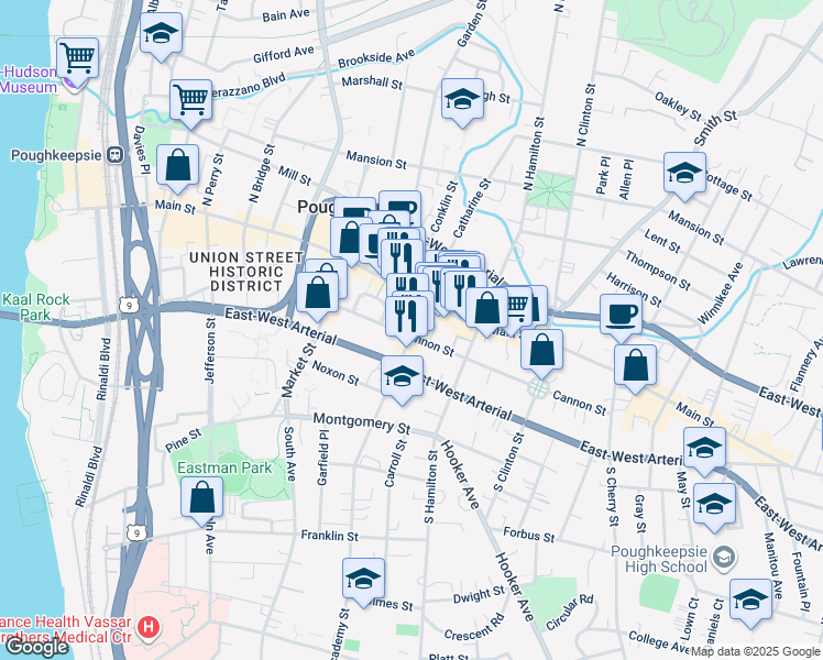 map of restaurants, bars, coffee shops, grocery stores, and more near 29 Academy Street in Poughkeepsie
