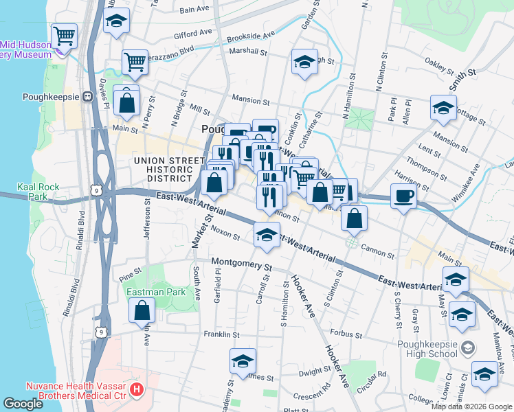 map of restaurants, bars, coffee shops, grocery stores, and more near 192 U.S. 44 in Poughkeepsie