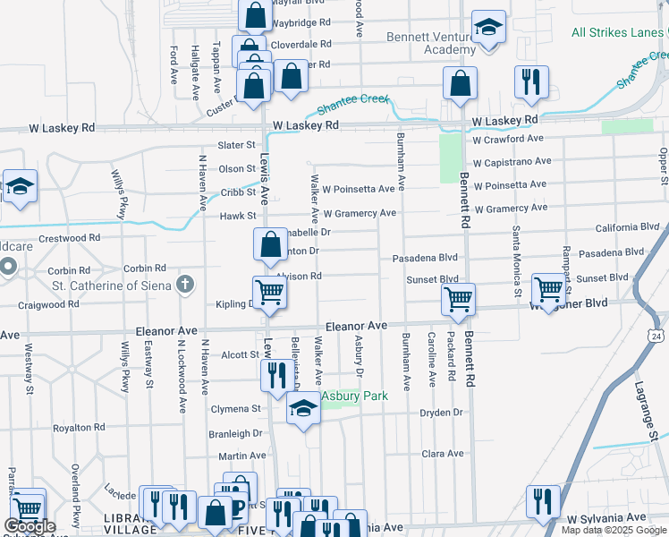 map of restaurants, bars, coffee shops, grocery stores, and more near 749 Alvison Road in Toledo