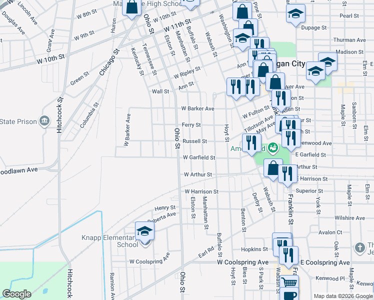 map of restaurants, bars, coffee shops, grocery stores, and more near 700-798 W Garfield St in Michigan City