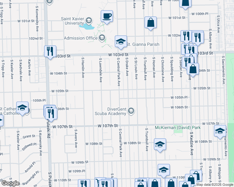 map of restaurants, bars, coffee shops, grocery stores, and more near 10528 Central Park Avenue in Chicago