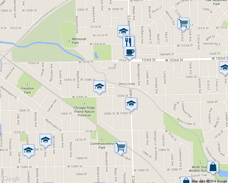 map of restaurants, bars, coffee shops, grocery stores, and more near 5636 West 105th Street in Oak Lawn