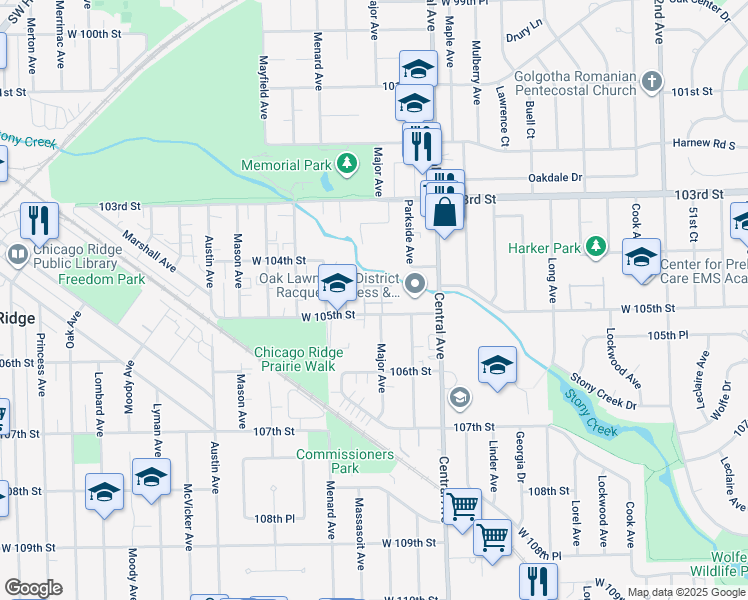 map of restaurants, bars, coffee shops, grocery stores, and more near 5636 West 105th Street in Oak Lawn