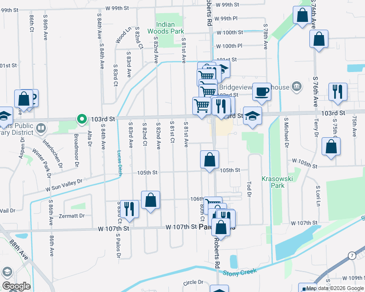 map of restaurants, bars, coffee shops, grocery stores, and more near 10417 South 81st Court in Palos Hills
