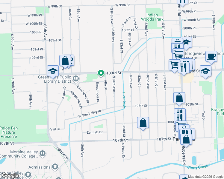 map of restaurants, bars, coffee shops, grocery stores, and more near 10413 Alta Drive in Palos Hills
