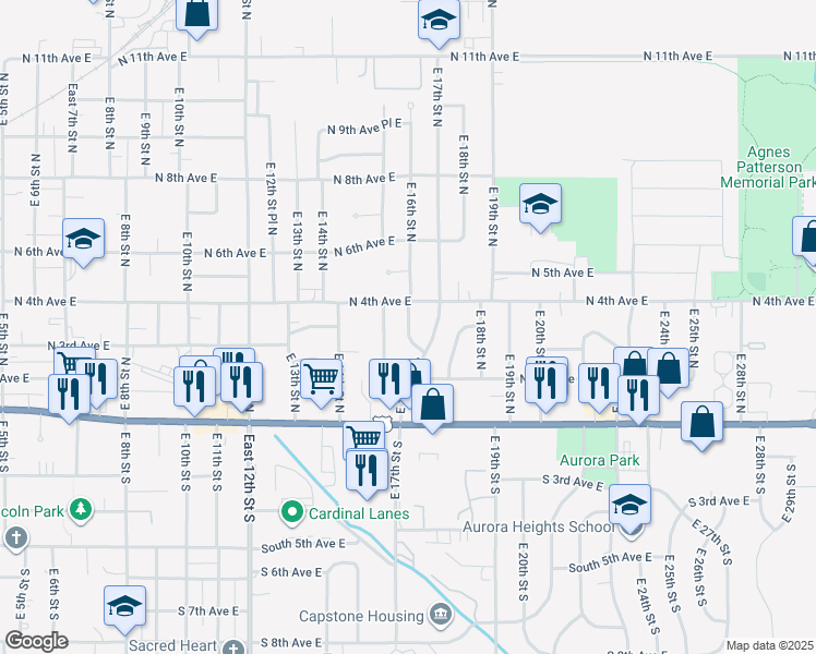 map of restaurants, bars, coffee shops, grocery stores, and more near 306 East 15th Street North in Newton