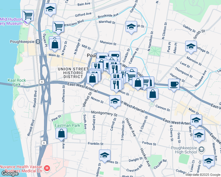 map of restaurants, bars, coffee shops, grocery stores, and more near 192 U.S. 44 in Poughkeepsie