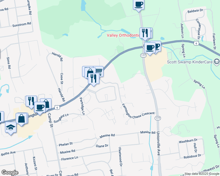 map of restaurants, bars, coffee shops, grocery stores, and more near 66 Florence Way in Farmington