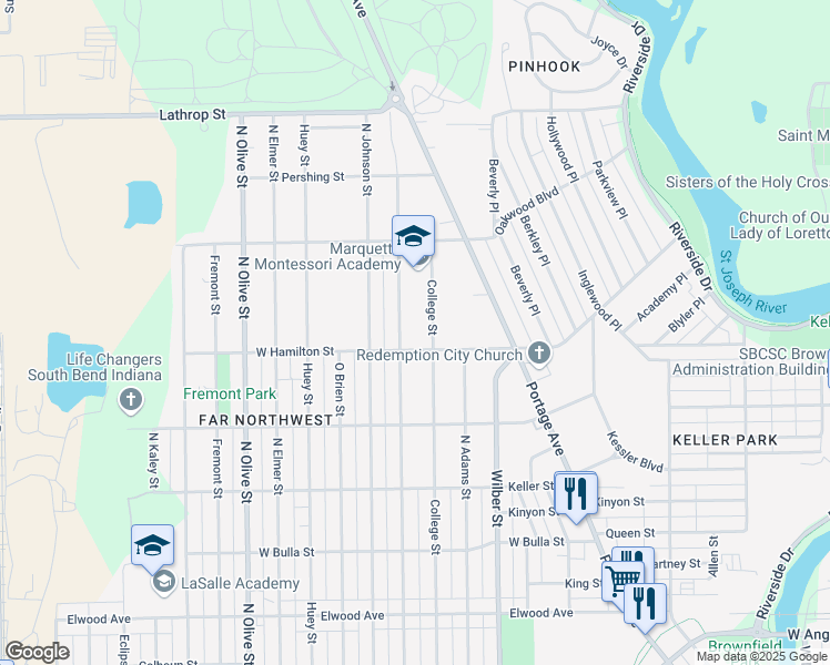 map of restaurants, bars, coffee shops, grocery stores, and more near 1905 College Street in South Bend