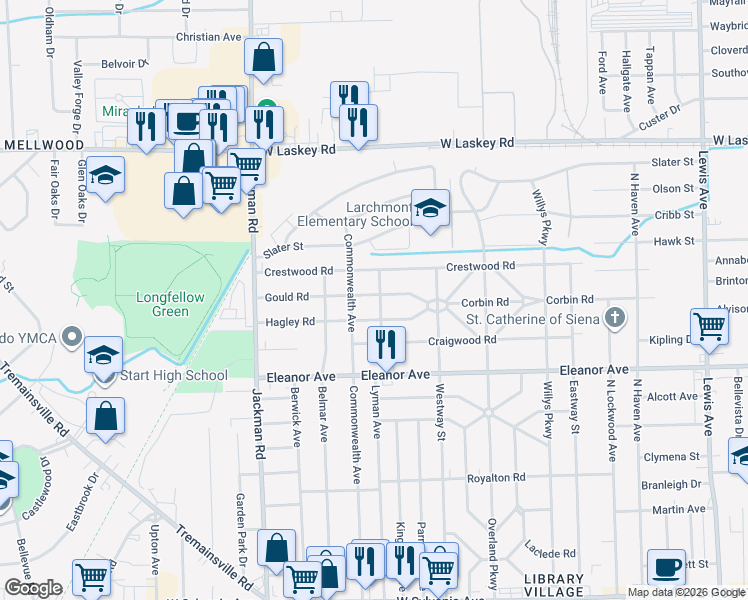 map of restaurants, bars, coffee shops, grocery stores, and more near 4603 Manorwood Road in Toledo