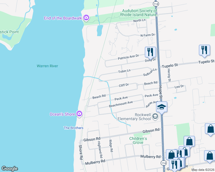 map of restaurants, bars, coffee shops, grocery stores, and more near 27 Cliff Drive in Bristol