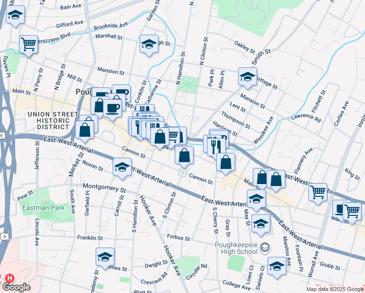 map of restaurants, bars, coffee shops, grocery stores, and more near 454-456 Main Street in Poughkeepsie