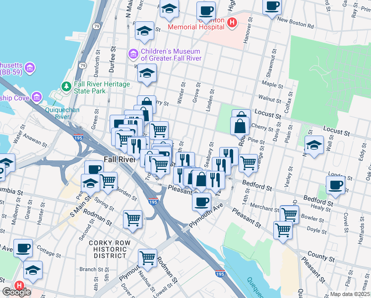map of restaurants, bars, coffee shops, grocery stores, and more near 49 Ogrady Street in Fall River