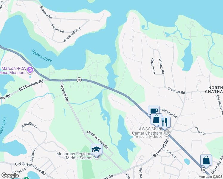 map of restaurants, bars, coffee shops, grocery stores, and more near 515 Massachusetts 28 in Chatham