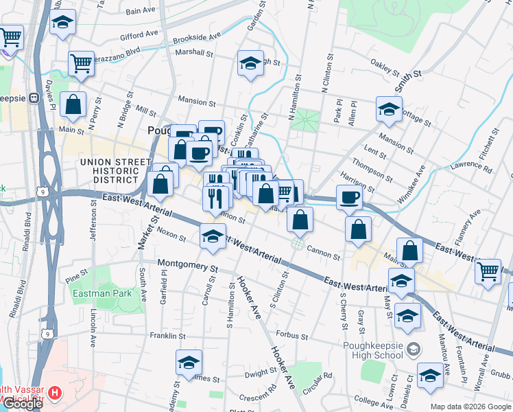 map of restaurants, bars, coffee shops, grocery stores, and more near 394 Main Mall in Poughkeepsie