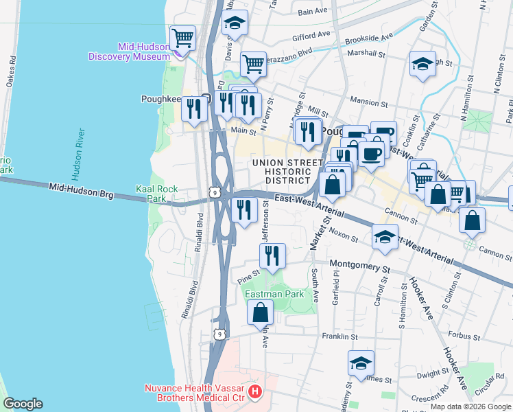 map of restaurants, bars, coffee shops, grocery stores, and more near 4 Jefferson Street in Poughkeepsie