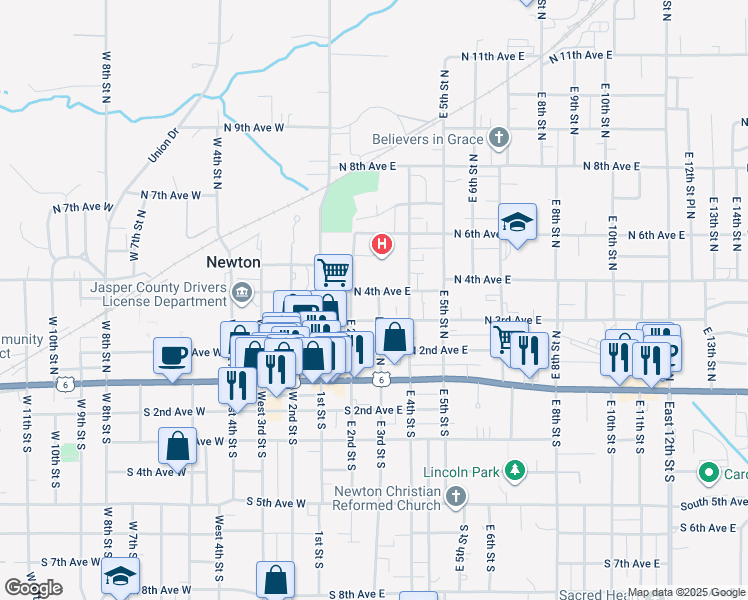 map of restaurants, bars, coffee shops, grocery stores, and more near 222 East 3rd Street South in Newton