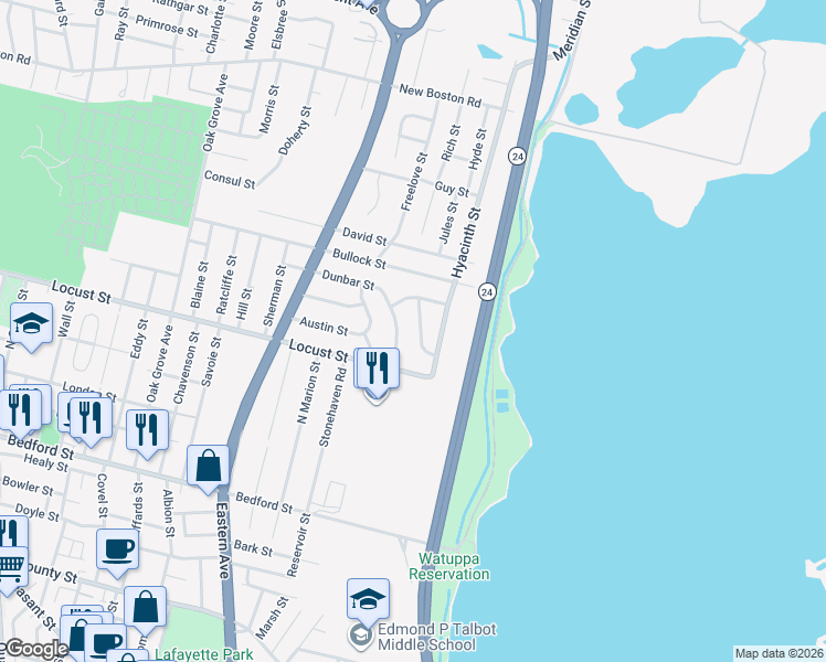 map of restaurants, bars, coffee shops, grocery stores, and more near 344 Dunbar Street in Fall River