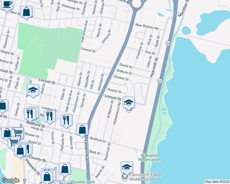map of restaurants, bars, coffee shops, grocery stores, and more near 1780 Locust Street in Fall River