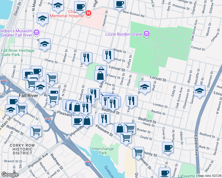 map of restaurants, bars, coffee shops, grocery stores, and more near 120 Orange Street in Fall River