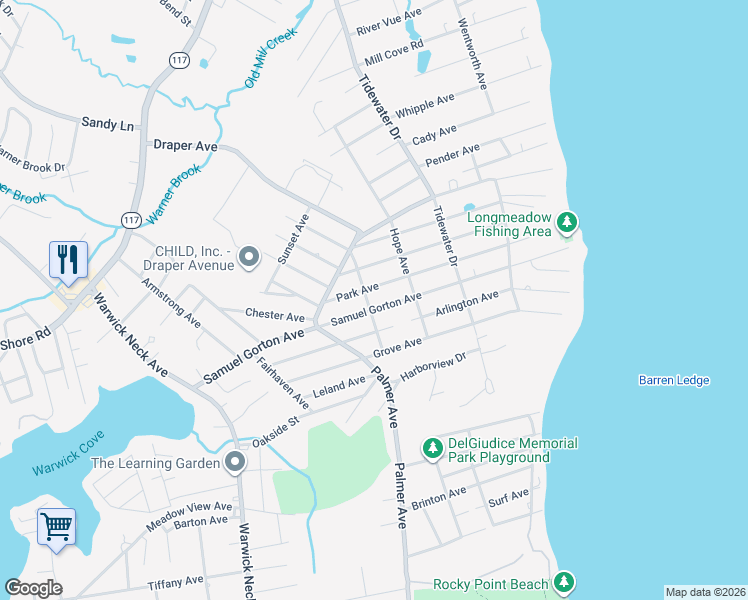 map of restaurants, bars, coffee shops, grocery stores, and more near 250 Samuel Gorton Avenue in Warwick