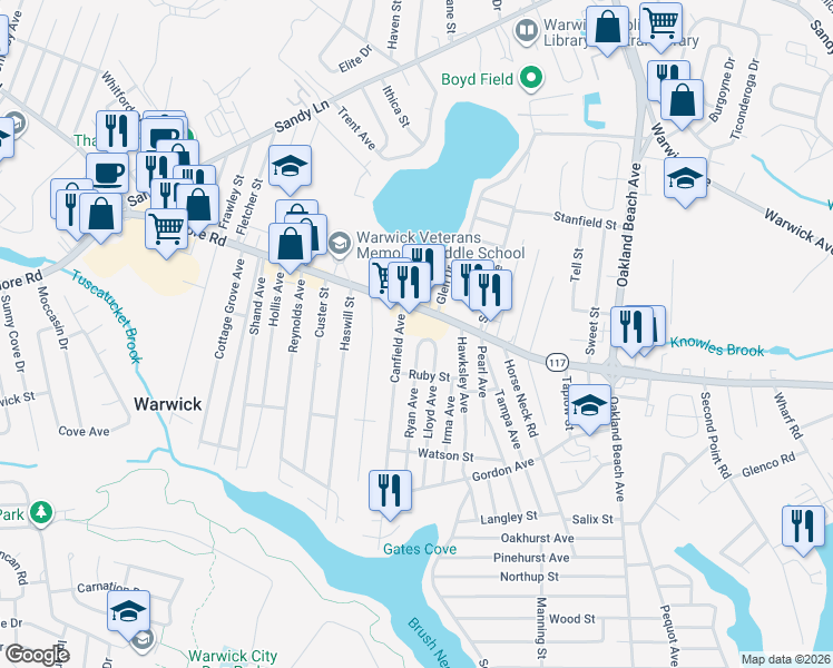 map of restaurants, bars, coffee shops, grocery stores, and more near 25 Lloyd Avenue in Warwick