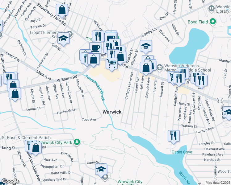 map of restaurants, bars, coffee shops, grocery stores, and more near 112 Spring Grove Avenue in Warwick