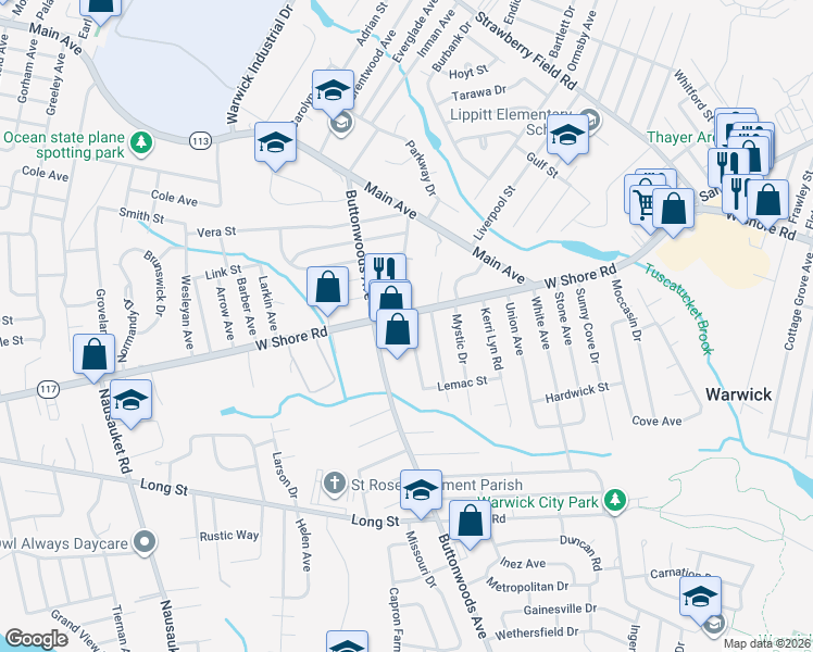 map of restaurants, bars, coffee shops, grocery stores, and more near 198 Buttonwoods Avenue in Warwick