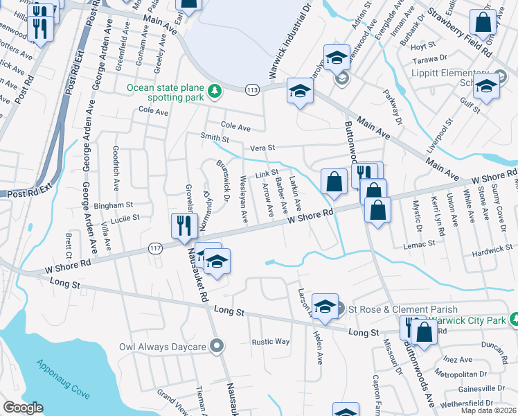 map of restaurants, bars, coffee shops, grocery stores, and more near 63 Deacon Avenue in Warwick