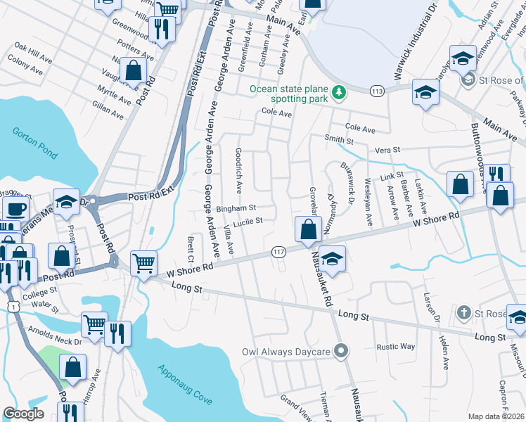 map of restaurants, bars, coffee shops, grocery stores, and more near 18 Lucile Street in Warwick