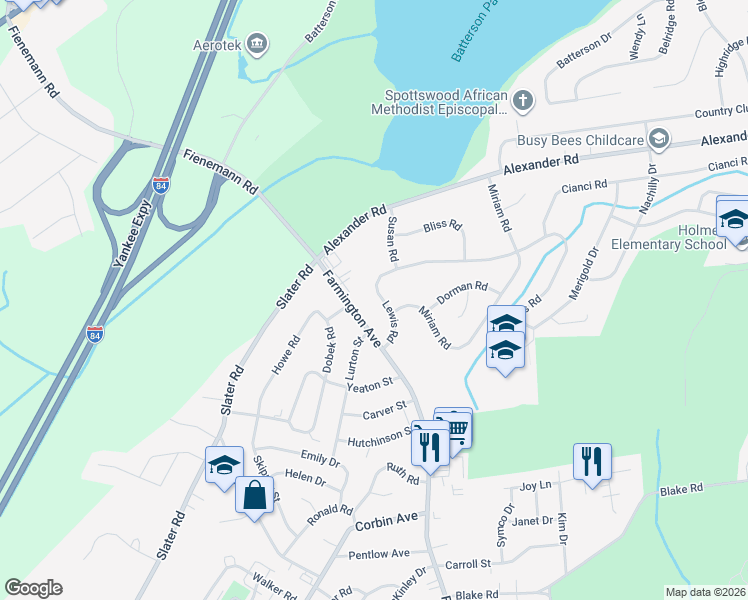 map of restaurants, bars, coffee shops, grocery stores, and more near 887 Farmington Avenue in New Britain