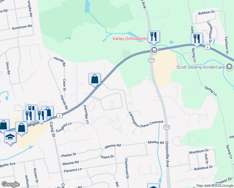 map of restaurants, bars, coffee shops, grocery stores, and more near 66 Florence Way in Farmington