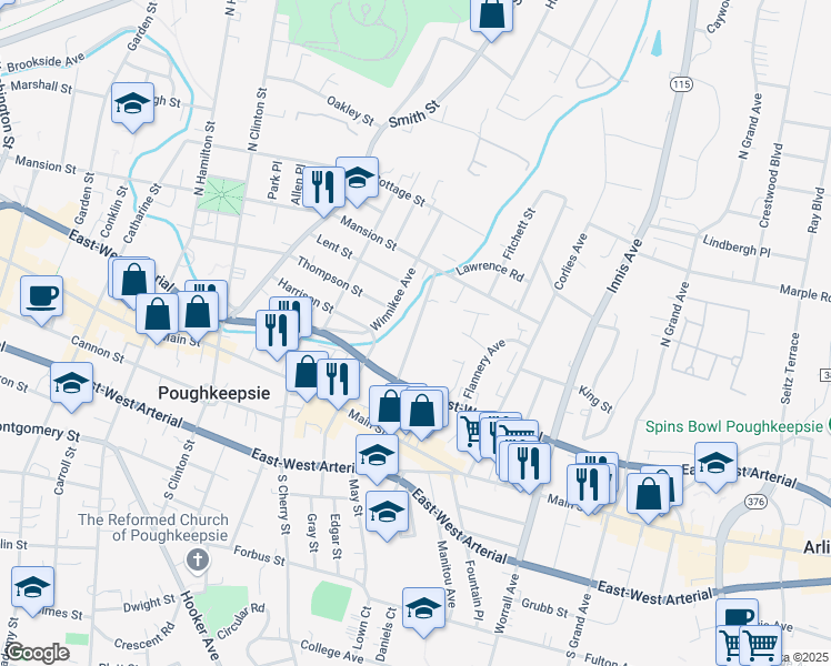 map of restaurants, bars, coffee shops, grocery stores, and more near 45 Pershing Avenue in Poughkeepsie