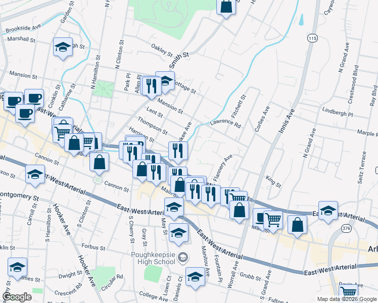 map of restaurants, bars, coffee shops, grocery stores, and more near 34 Pershing Avenue in Poughkeepsie