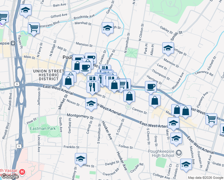 map of restaurants, bars, coffee shops, grocery stores, and more near 406 Main Street in Poughkeepsie