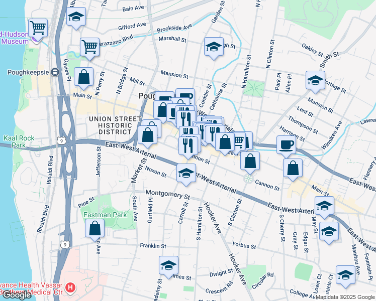 map of restaurants, bars, coffee shops, grocery stores, and more near 29 Academy Street in Poughkeepsie