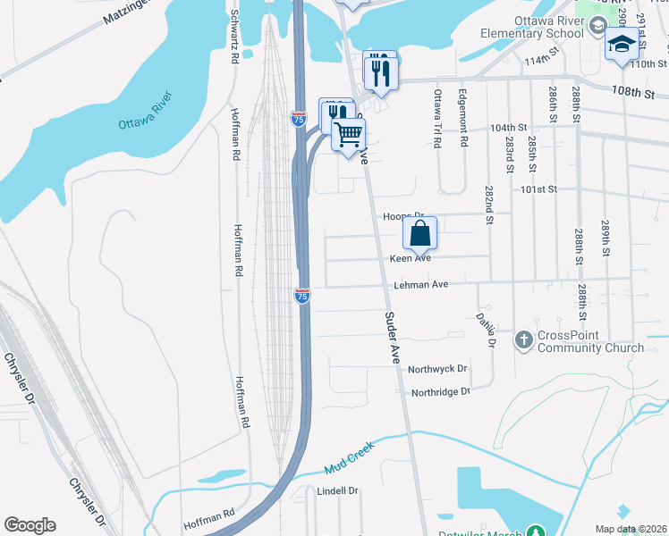 map of restaurants, bars, coffee shops, grocery stores, and more near 1931 Lehman Avenue in Toledo