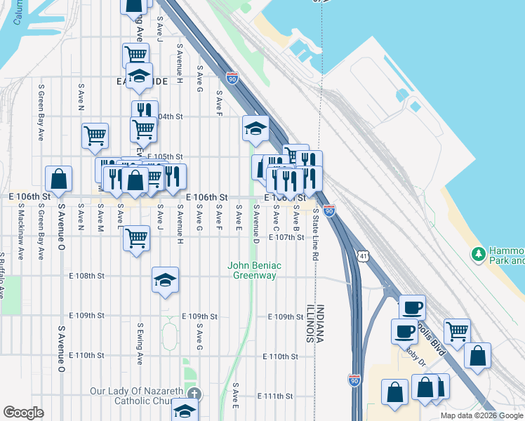 map of restaurants, bars, coffee shops, grocery stores, and more near 10641 South Avenue D in Chicago