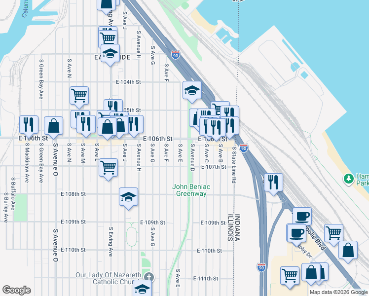 map of restaurants, bars, coffee shops, grocery stores, and more near 10640 South Avenue East in Chicago