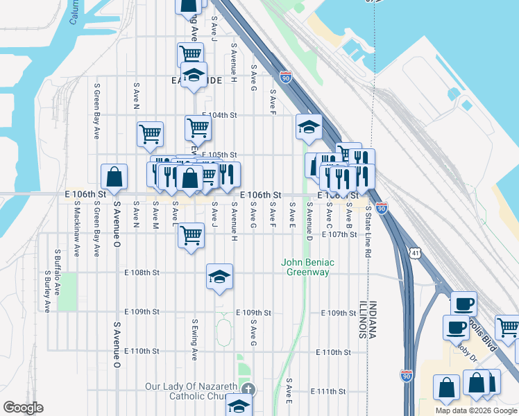 map of restaurants, bars, coffee shops, grocery stores, and more near 10638 South Avenue F in Chicago