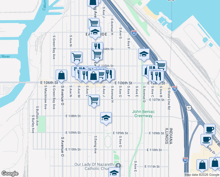 map of restaurants, bars, coffee shops, grocery stores, and more near 10641 South Avenue H in Chicago