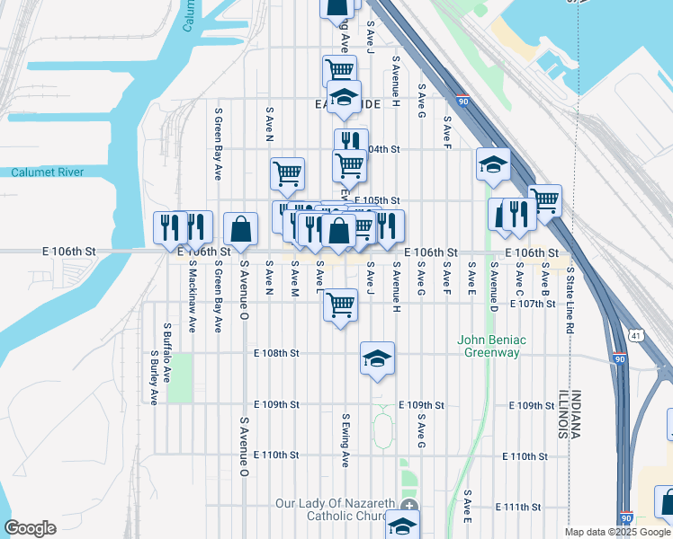 map of restaurants, bars, coffee shops, grocery stores, and more near 10638 South Ewing Avenue in Chicago
