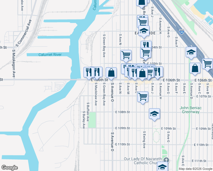 map of restaurants, bars, coffee shops, grocery stores, and more near 10640 South Green Bay Avenue in Chicago