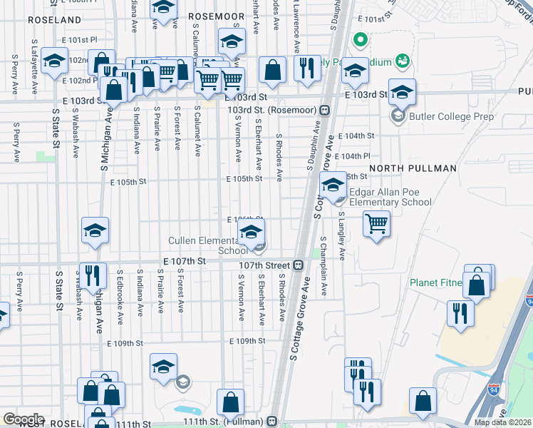 map of restaurants, bars, coffee shops, grocery stores, and more near 10609 South Eberhart Avenue in Chicago