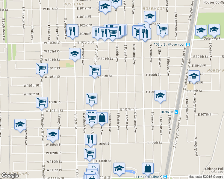 map of restaurants, bars, coffee shops, grocery stores, and more near 10605 South Indiana Avenue in Chicago