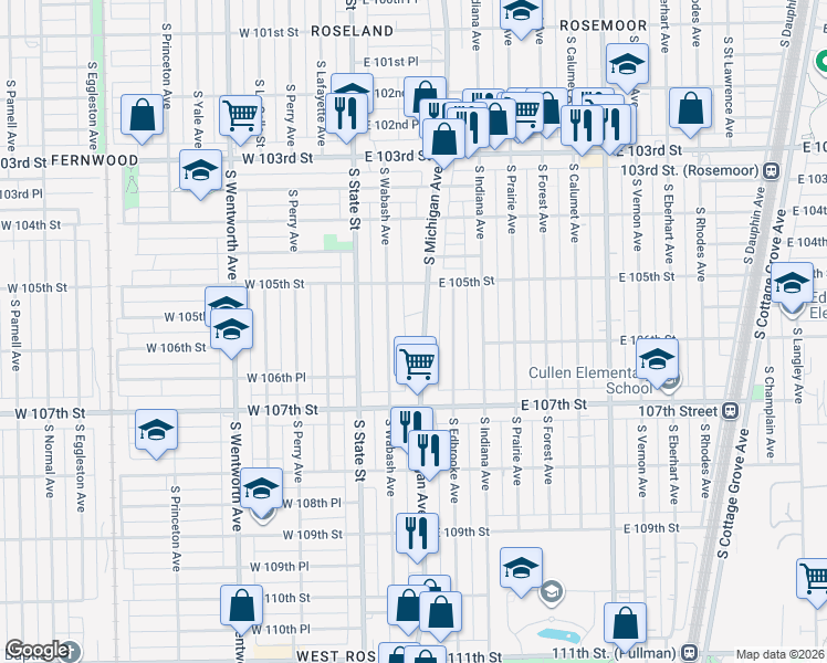 map of restaurants, bars, coffee shops, grocery stores, and more near 10604 South Michigan Avenue in Chicago