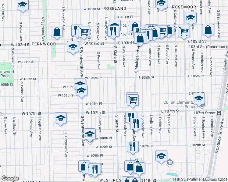 map of restaurants, bars, coffee shops, grocery stores, and more near 10605 South Lafayette Avenue in Chicago
