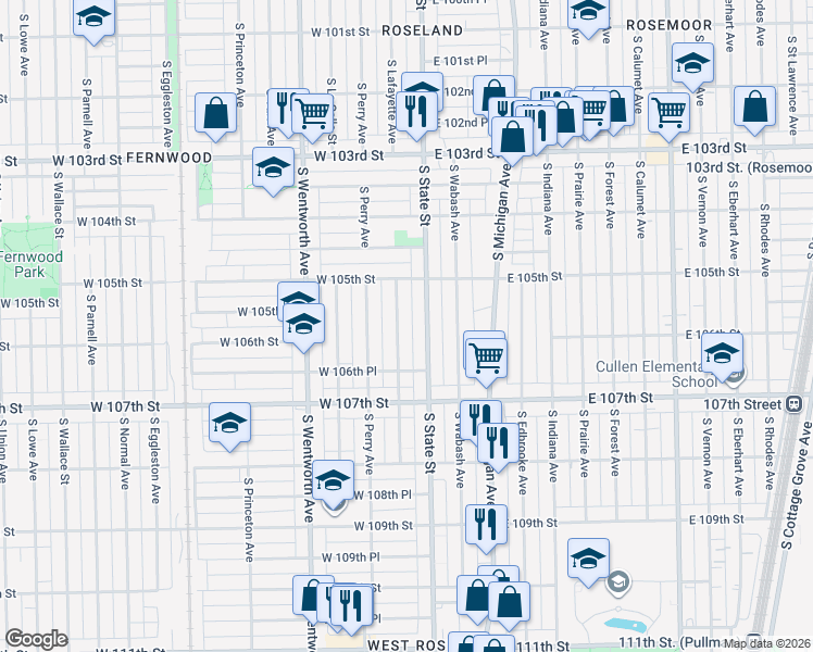 map of restaurants, bars, coffee shops, grocery stores, and more near 10605 South Lafayette Avenue in Chicago