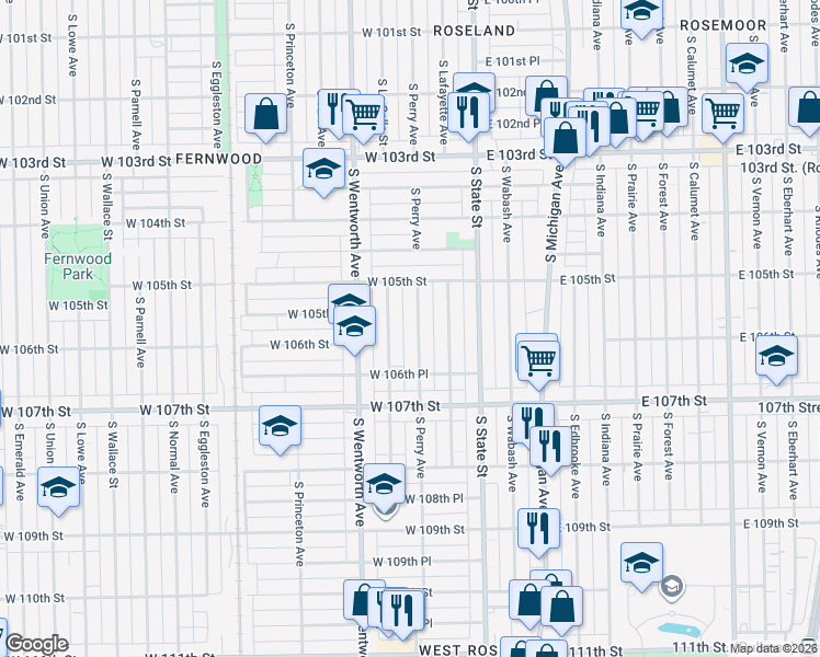 map of restaurants, bars, coffee shops, grocery stores, and more near 10601 South Perry Avenue in Chicago