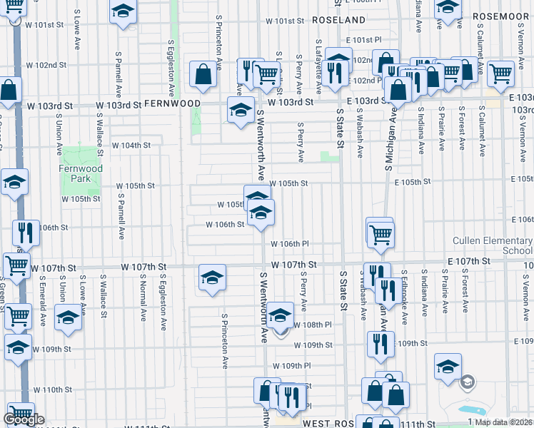 map of restaurants, bars, coffee shops, grocery stores, and more near 10600 South Wentworth Avenue in Chicago
